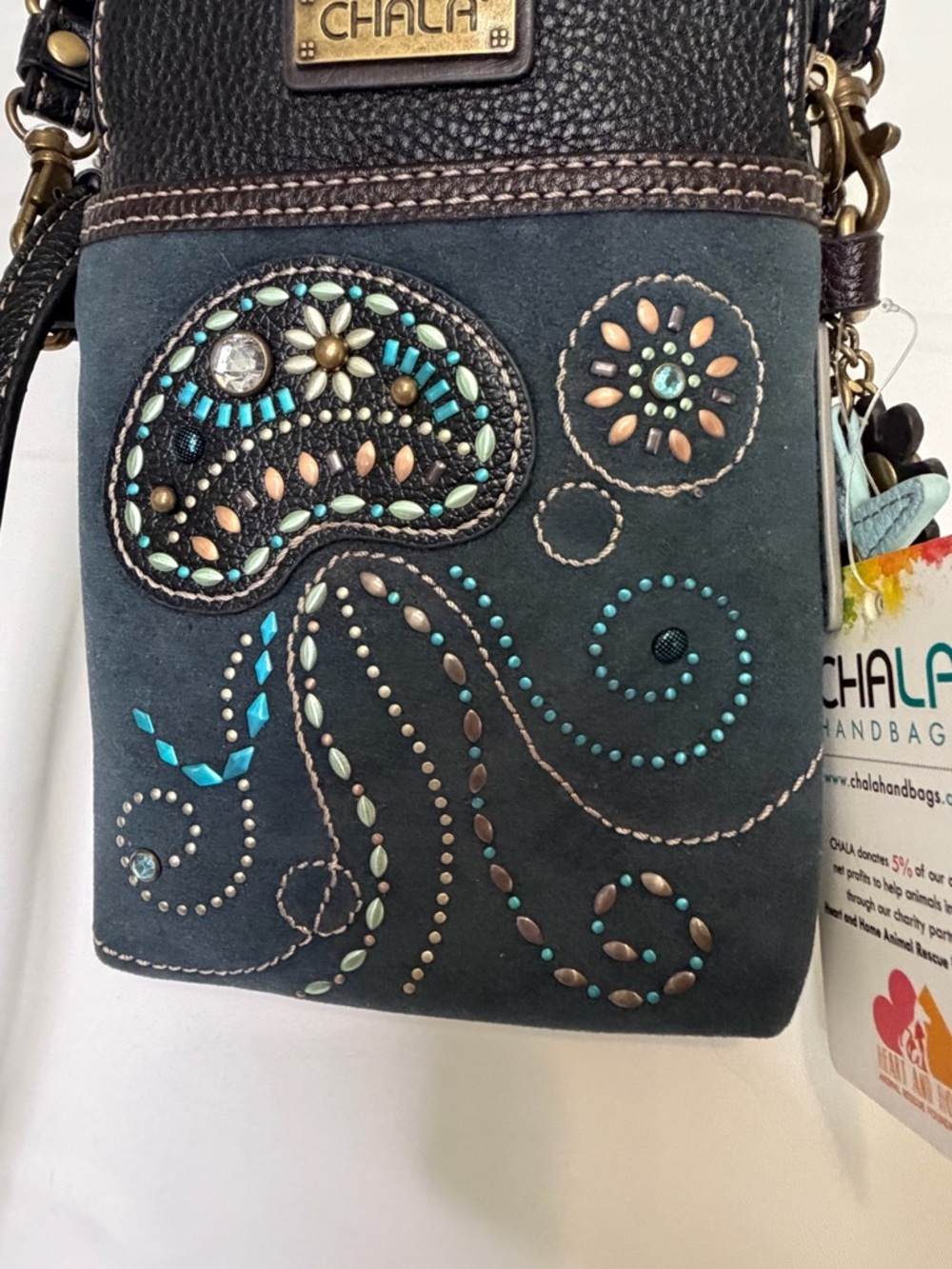 Chala Black Crossbody Phone Bag with Turquoise Embellishments​ - Picture 4 of 10